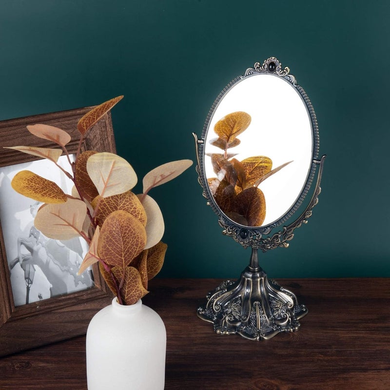 Feyarl Small Metal Vintage Makeup Mirror Floral Tabletop Oval Vanity Swivel Double Sided Mirror with Stand Elegant Decorative for Dressing Room Bedroom (Bronze) - Image 4